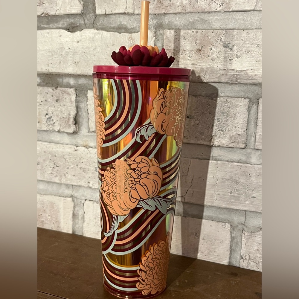 Starbucks Holiday 2024 Flower Straw Charm 24 Oz Cold Cup Tumbler